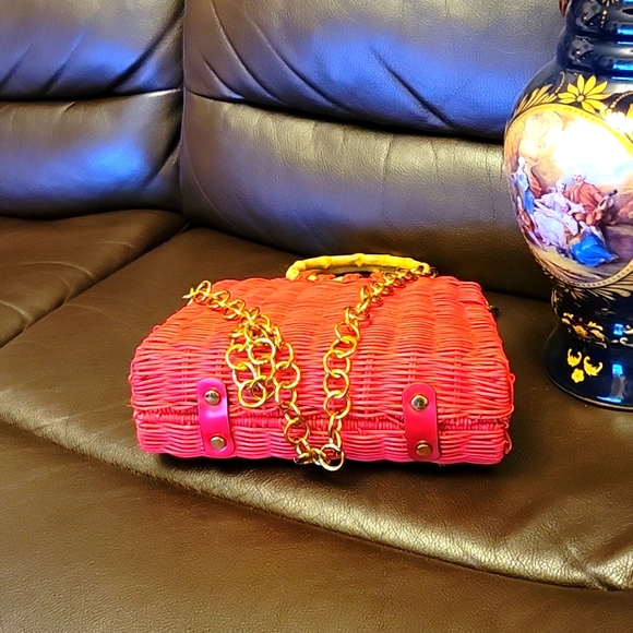 Zara Rattan City Bag Round Handles Fake Bamboo Removable Chain Crossbody Red - Picture 4 of 11